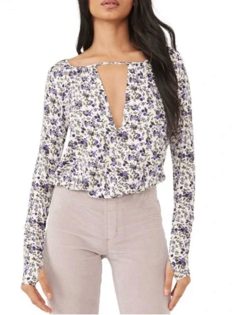 NWT Free People Kaya Ivory & Purple Floral Cutout Thong Bodysuit - Size Small